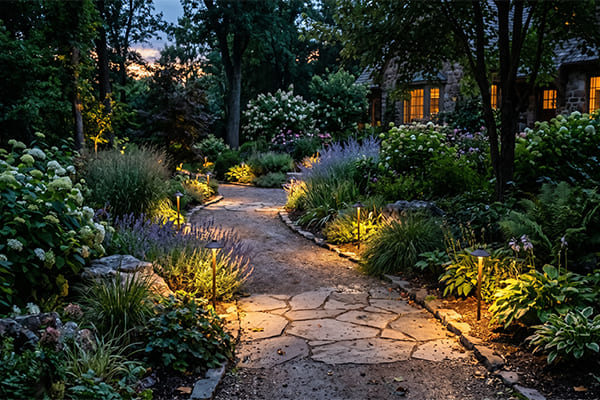 A curved path lit with a staggered layout to avoid the runway look.